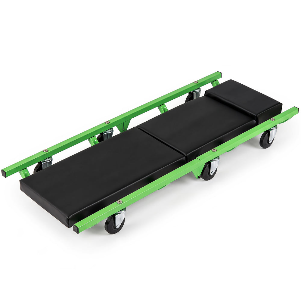 Foldable automotive creeper in green with thick padded cushion and 360° swivel wheels for easy under-car access.