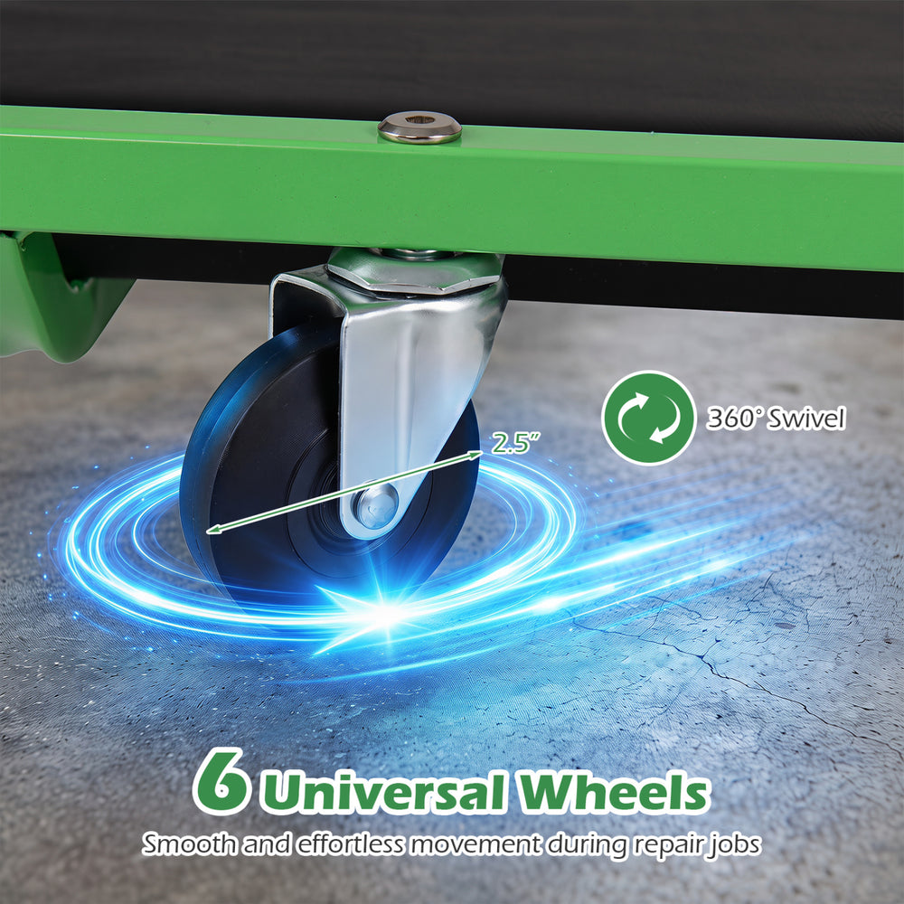 Close-up of a 360° swivel wheel on the foldable automotive creeper, designed for smooth movement during repair jobs.