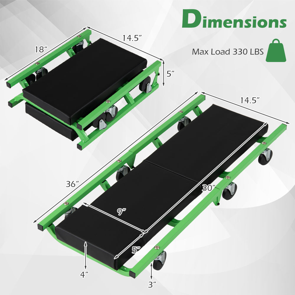 Foldable automotive creeper in green with padded cushion, 360° swivel wheels, and a max load of 330 lbs for garage use.