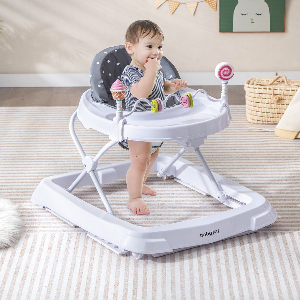 Foldable Baby Activity Walker with Adjustable Height and Detachable Seat Cushion-Gray - Gallery View 1 of 11