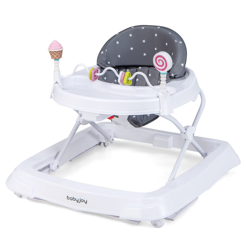 Foldable baby activity walker in gray with adjustable height, detachable seat cushion, and safety features for infants.