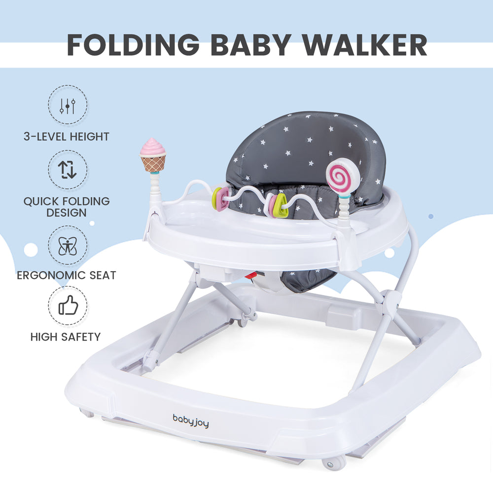 Foldable baby activity walker in gray with adjustable height, detachable seat cushion, and ergonomic design for safety.