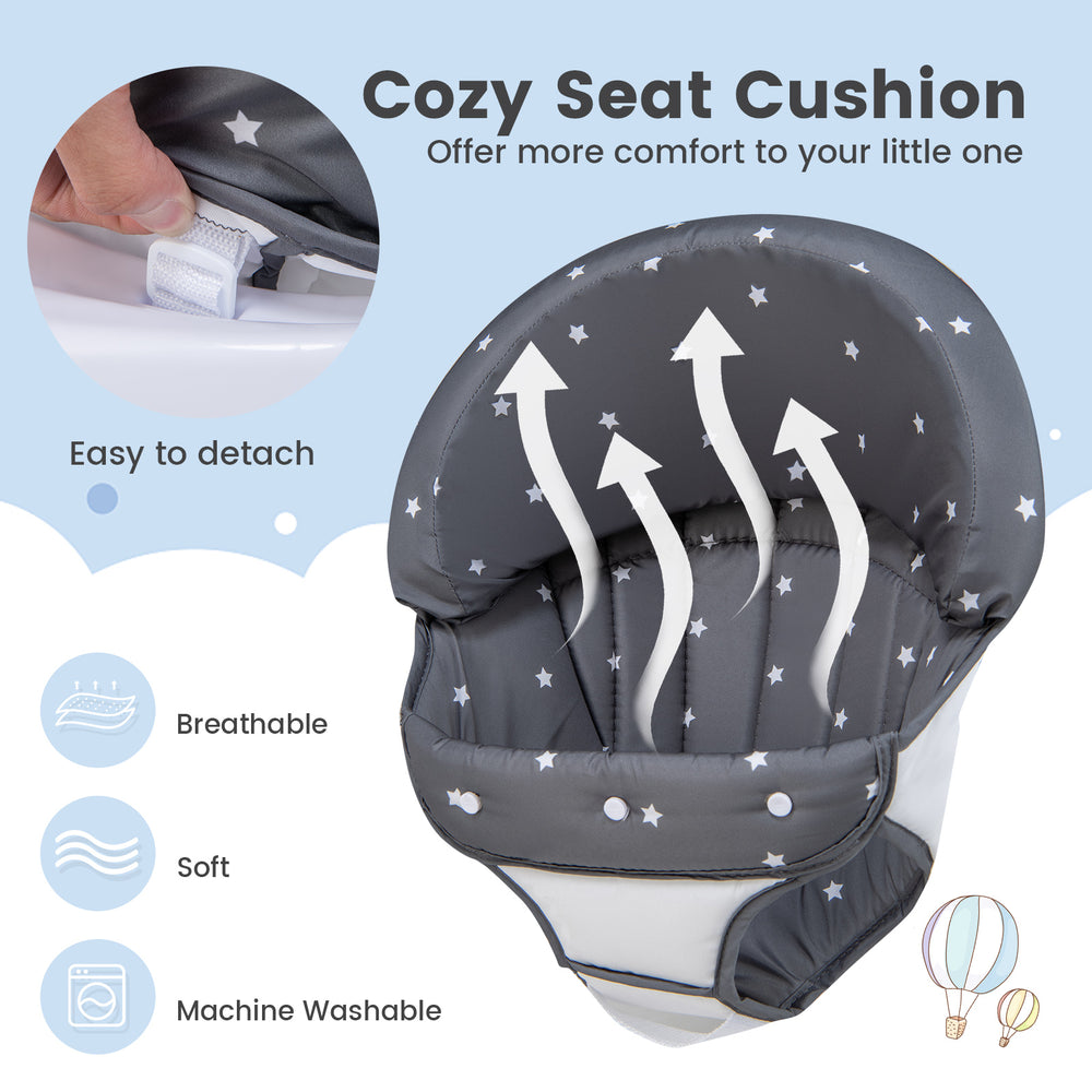 Cozy gray seat cushion for foldable baby activity walker, breathable and machine washable for comfort and safety.