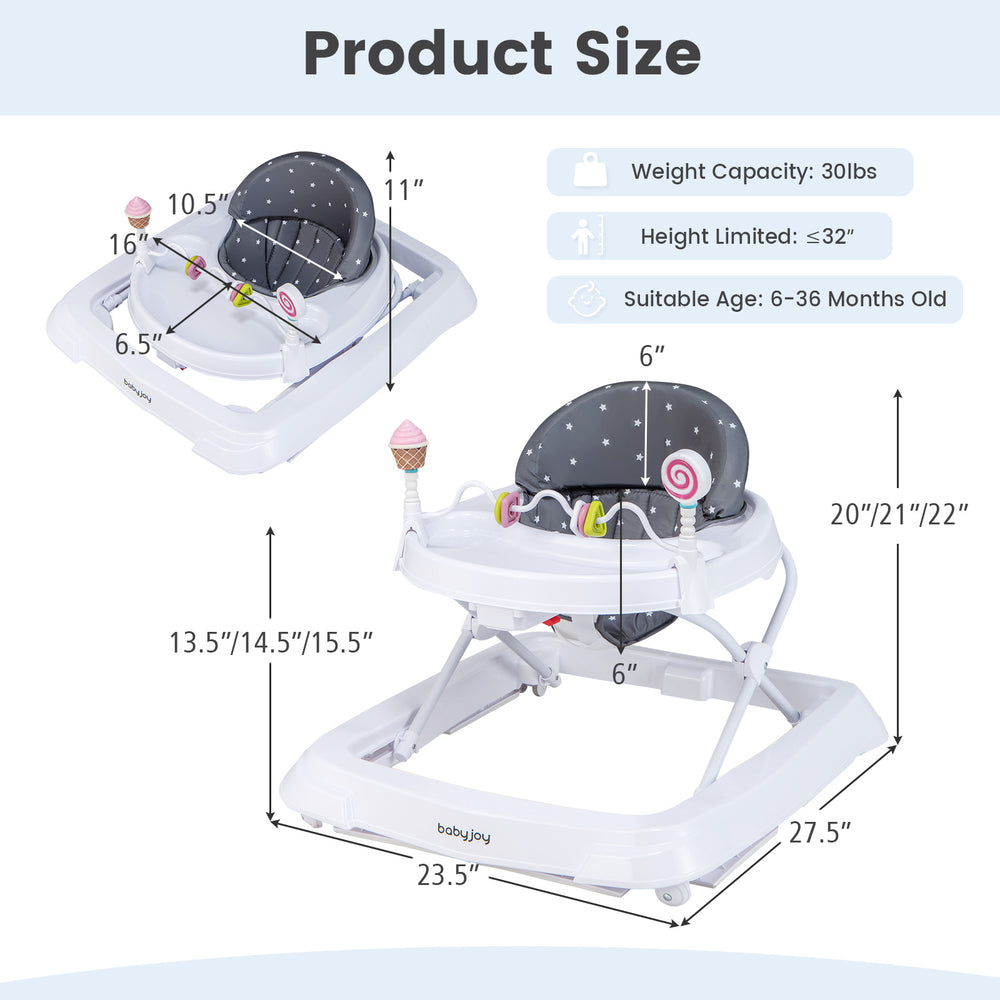 Foldable baby activity walker with adjustable height, detachable seat cushion, and safety features for 6-36 months old.