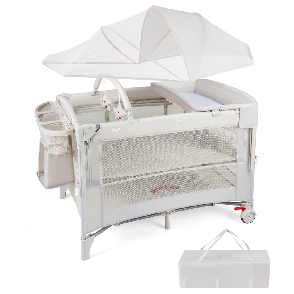 Foldable Baby Bassinet with 4 Adjustable Heights Changing Table and Mattress-Beige - Gallery View 1 of 11