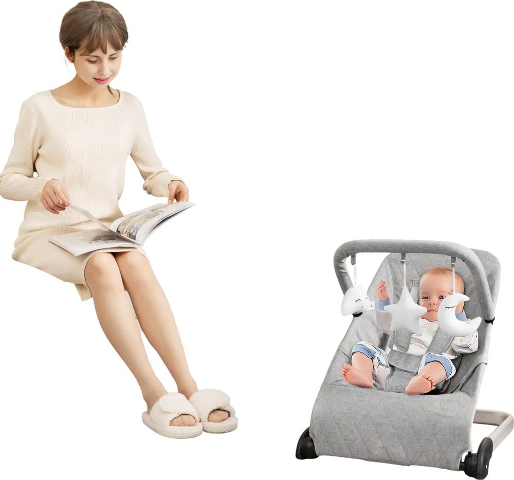 Foldable baby bouncer in gray with removable cover and toy bar, designed for comfort and safety, perfect for infants.