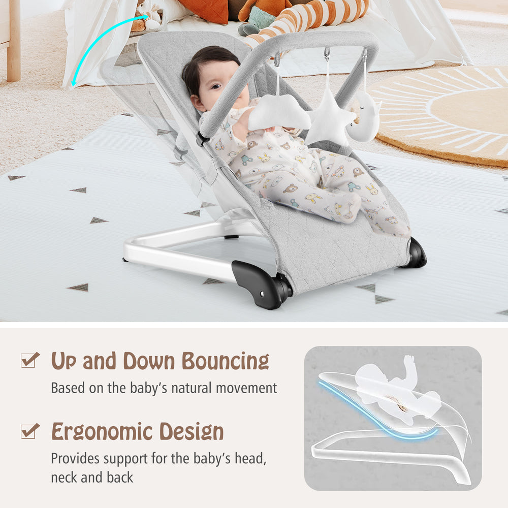 Foldable baby bouncer in gray with ergonomic design, removable cover, and toy bar for comfortable playtime.