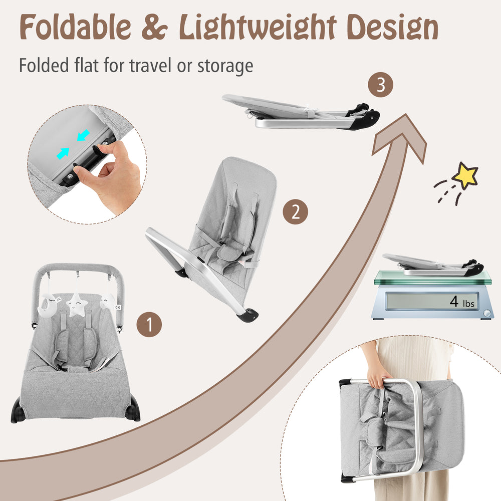 Foldable baby bouncer in gray with ergonomic fabric seat, lightweight aluminum base, and removable cover for easy.