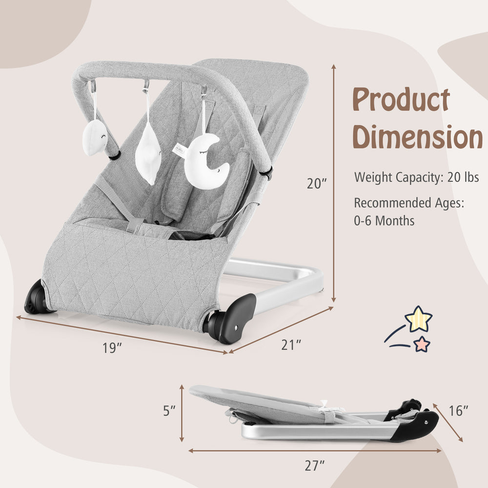 Foldable baby bouncer in gray with removable fabric cover, adjustable harness, and lightweight aluminum base for.