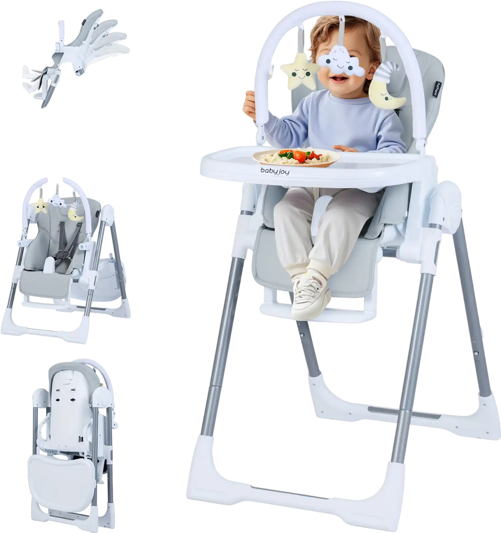 Foldable baby high chair in light gray with adjustable height, removable toy bar, and 5-point safety harness for secure.