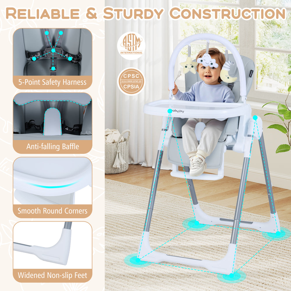Foldable baby high chair in light gray with adjustable height, safety harness, and removable toy bar for secure seating.