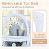 Removable toy bar with 3 plush toys on the Foldable Baby High Chair, featuring adjustable height and safety harness.