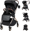 Foldable baby stroller in black with a reversible handle, adjustable backrest, and smooth-rolling wheels for versatile use.