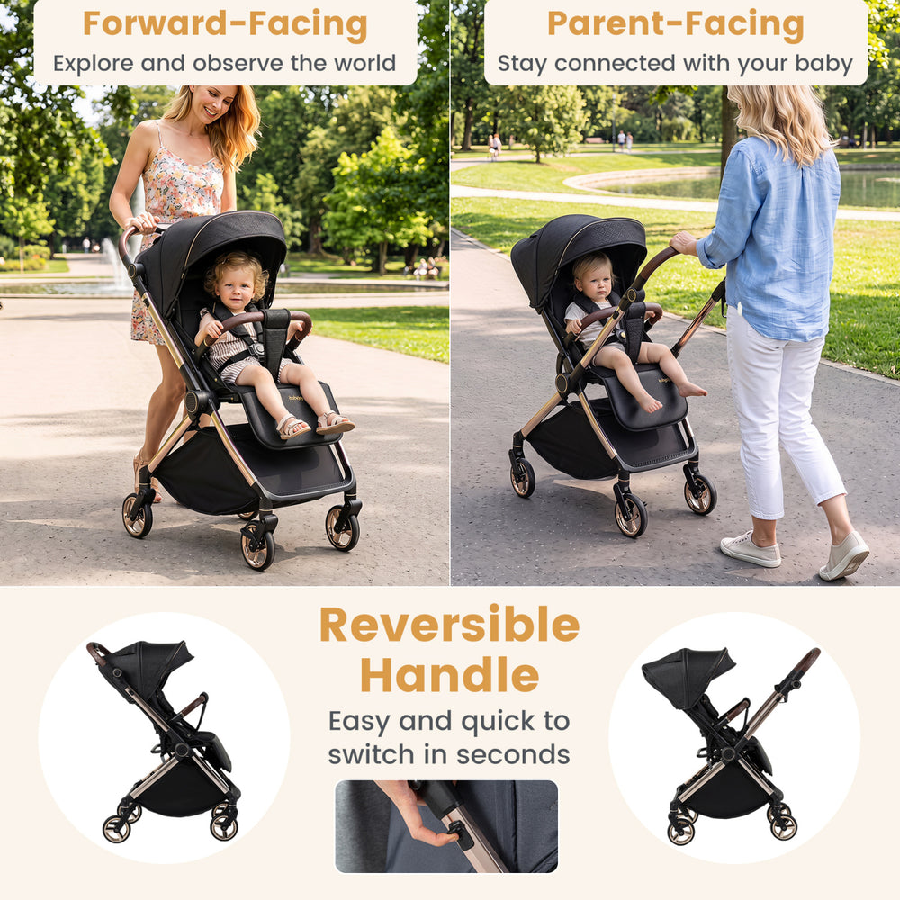 Foldable baby stroller in black features a reversible handle for parent-facing or forward-facing use, ideal for various terrains.