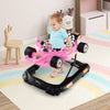 Convertible baby walker in pink racing car design with adjustable height, music plate, and non-slip foot pads for fun.