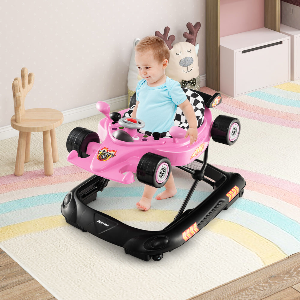 Convertible baby walker in pink racing car design with adjustable height, music plate, and non-slip foot pads for fun.