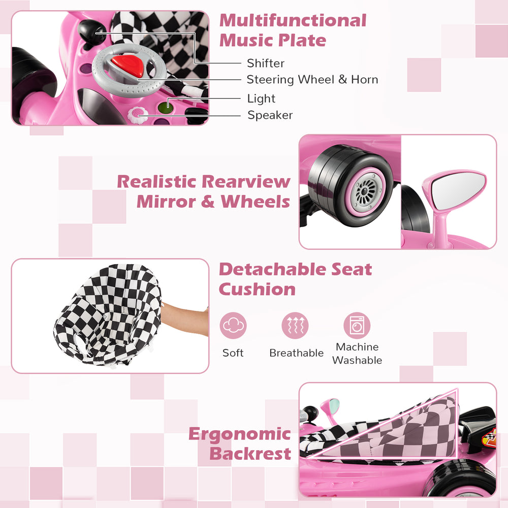 Convertible baby walker in pink with adjustable height, music plate, and detachable seat cushion for fun and comfort.