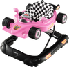 Convertible baby walker in pink racing car design with adjustable height, music tray, and non-slip foot pads for fun.