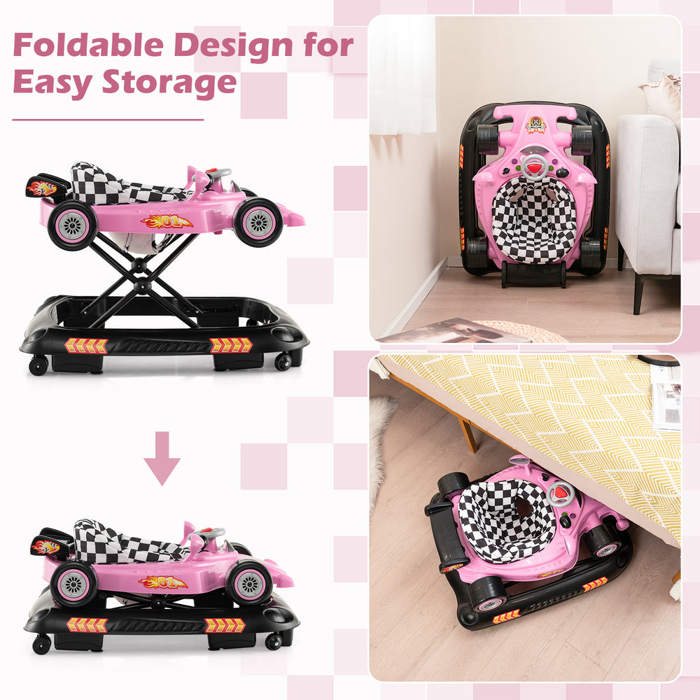 Convertible baby walker in pink racing car design, featuring adjustable heights and foldable for easy storage.