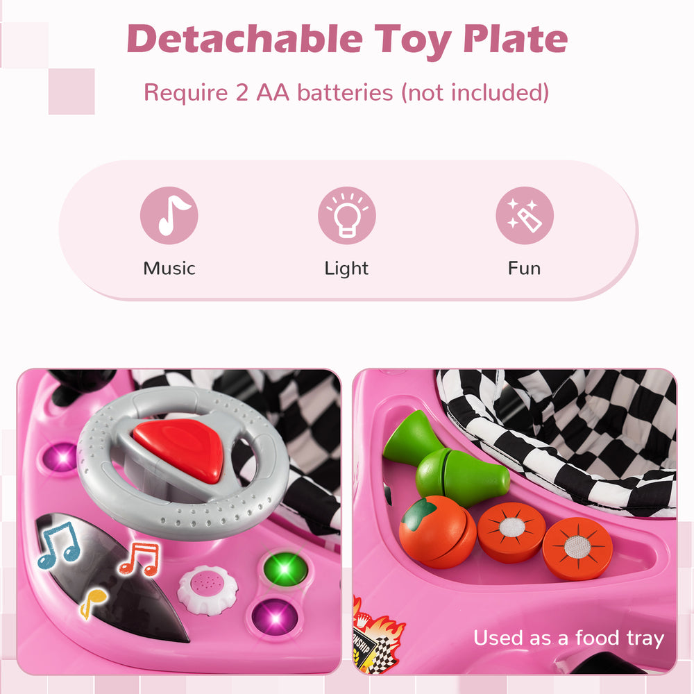 Convertible baby walker in pink with detachable toy plate, music features, and three adjustable height settings.