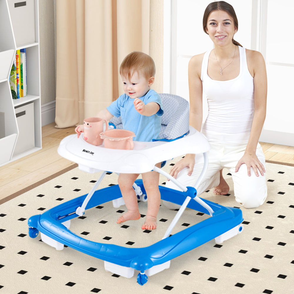 Foldable baby walker in blue with adjustable heights, padded seat, and interactive toys for safe mobility and play.