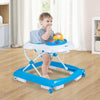 Foldable baby walker in blue with adjustable height, padded seat, music tray, and interactive toys for safe play.