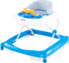 Foldable baby walker in blue with adjustable heights, padded seat, and interactive music tray for safe mobility.