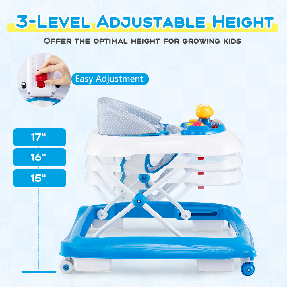 Foldable baby walker in blue with 3 adjustable heights, padded seat, and interactive toys for growing kids.