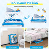Foldable baby walker in blue with adjustable heights, padded seat, and interactive toys for safe play and easy storage.