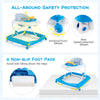 Foldable baby walker in blue with adjustable heights, padded seat, and safety features for secure mobility and play.