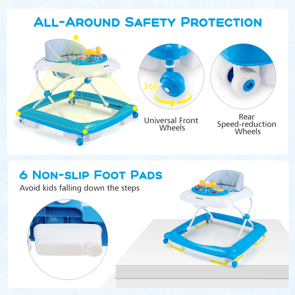 Foldable baby walker in blue with adjustable heights, padded seat, and safety features for secure mobility and play.