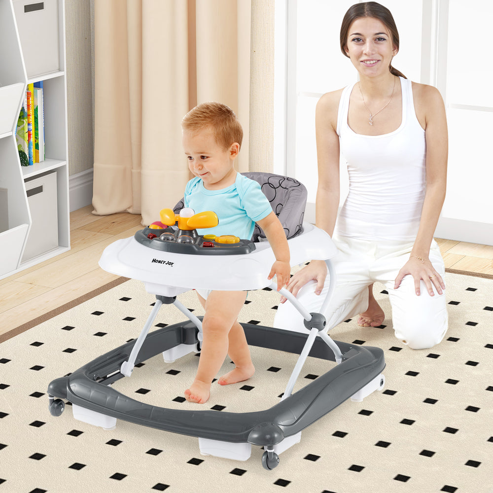 Foldable Baby Walker with 3 Adjustable Heights and Padded Seat-Gray - Gallery View 1 of 12