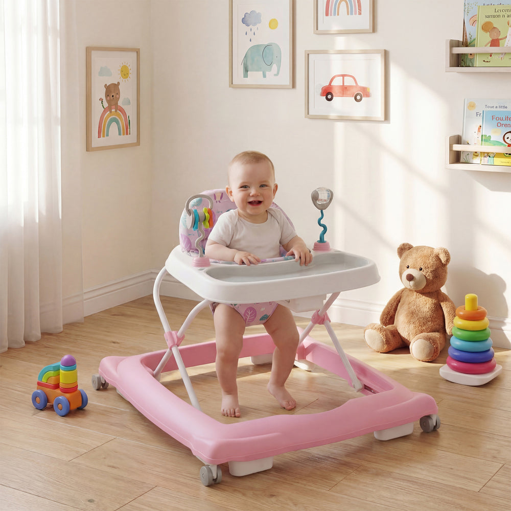 Foldable Baby Walker with Removable Seat and Adjustable Height for 6-12 Months-Pink - Gallery View 1 of 9