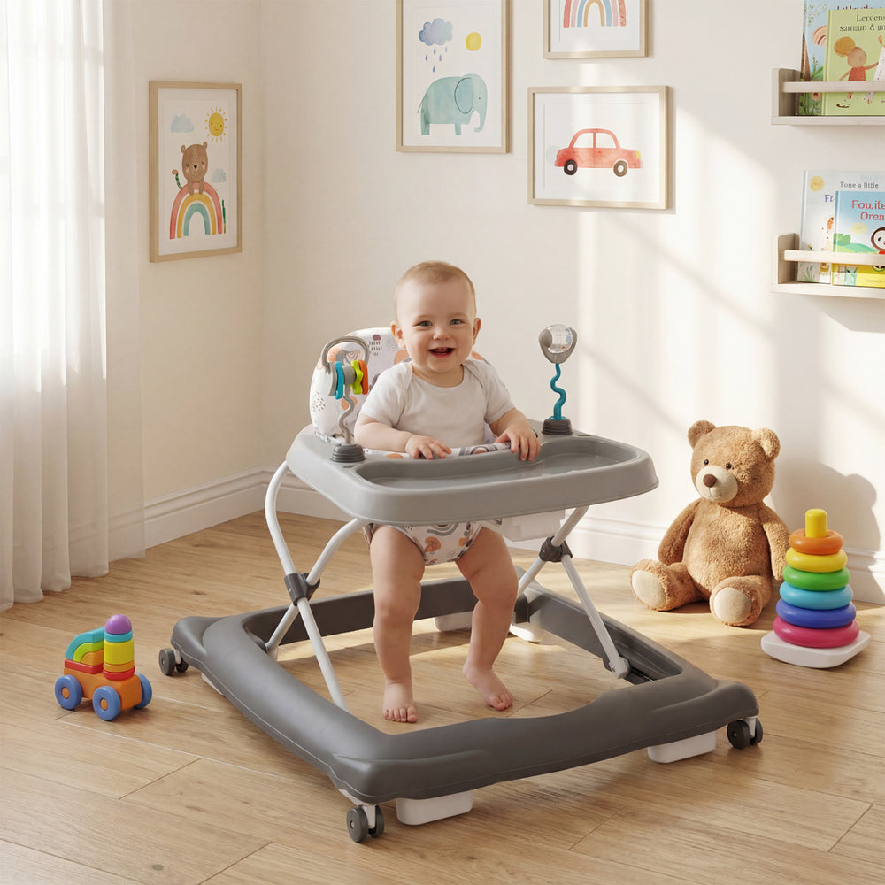 Foldable Baby Walker with Removable Seat and Adjustable Height for 6-12 Months-Gray - Gallery View 1 of 10