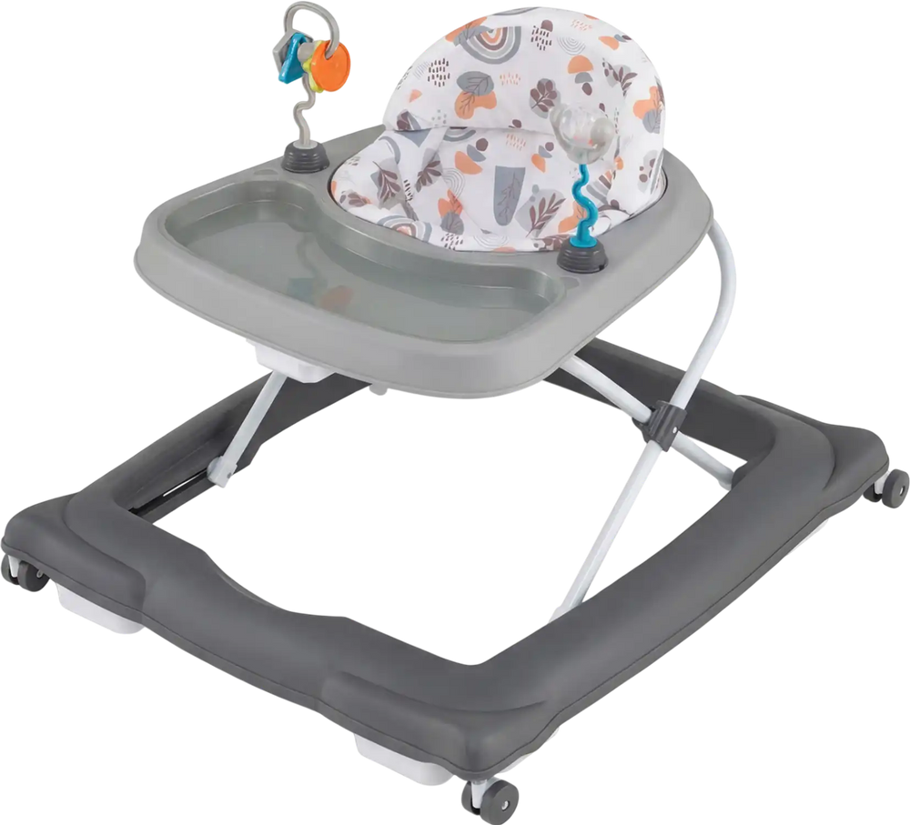 Foldable baby walker in gray with adjustable height, removable seat, and detachable feeding tray for kids 6-12 months.