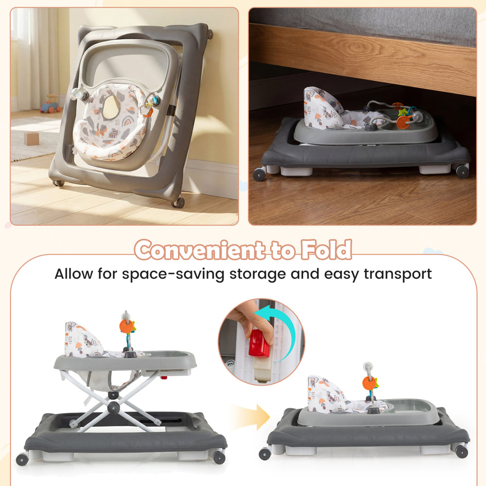 Foldable baby walker in gray with removable seat, adjustable height, and space-saving design for easy transport.