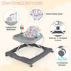 Foldable baby walker in gray with detachable seat, adjustable height, and 4 universal wheels for easy mobility.