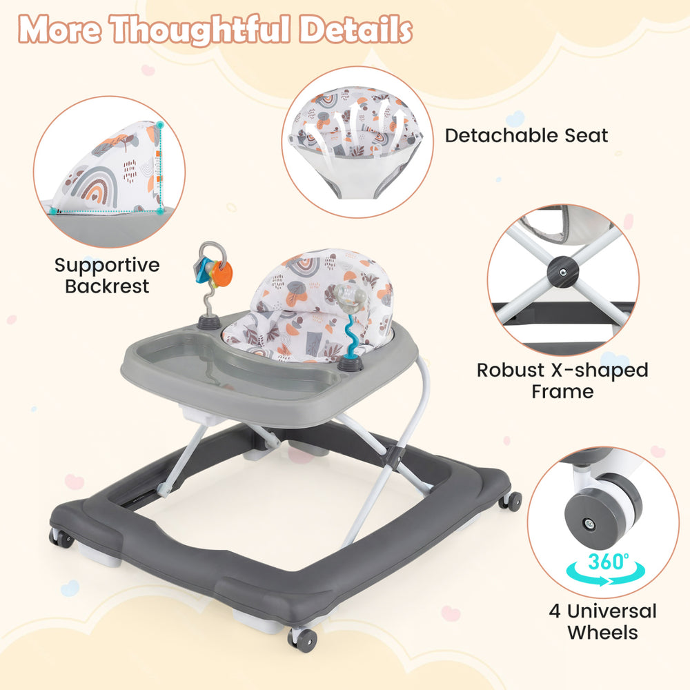 Foldable baby walker in gray with detachable seat, adjustable height, and 4 universal wheels for easy mobility.