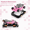 Convertible baby walker in pink racing car design with adjustable height, music tray, and non-slip foot pads for.