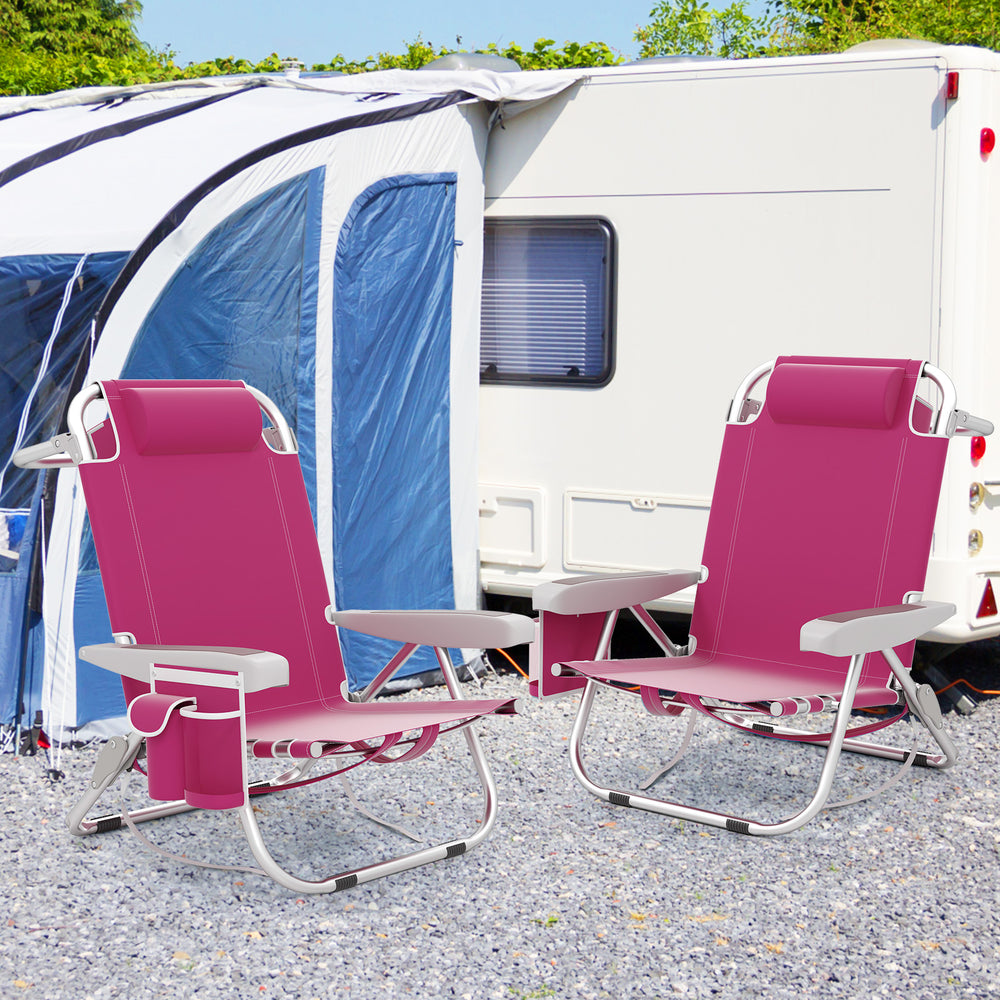 Foldable Backpack Beach Chair with Cup Holder and Storage Pockets Set of 2-Pink - Gallery View 1 of 10