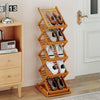 Foldable bamboo magazine rack with 5-tier inclined shelves and 2 adjustable positions for versatile storage solutions.