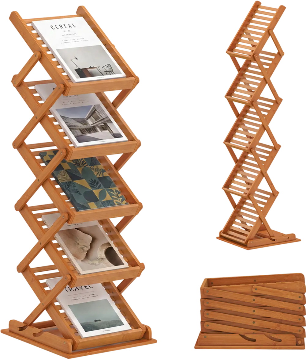 Foldable bamboo magazine rack with 5-tier inclined shelves, featuring 2 adjustable positions for versatile display options.
