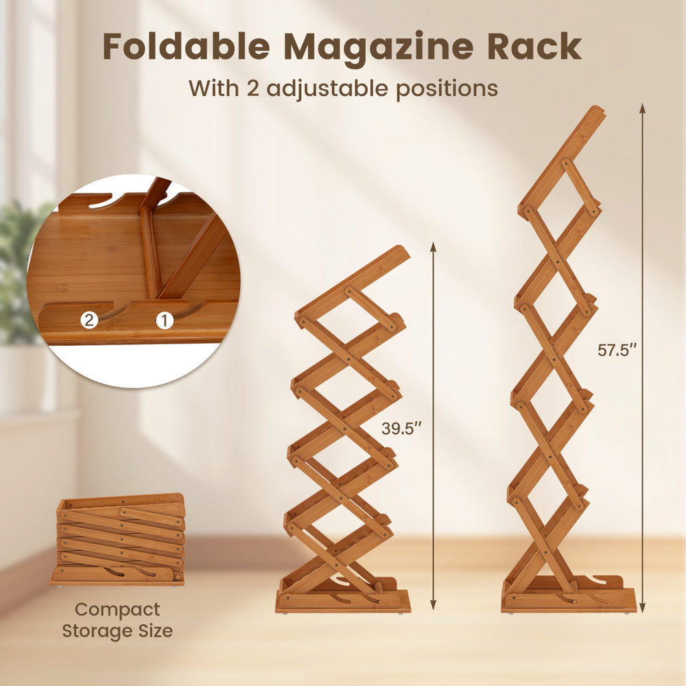 Foldable bamboo magazine rack features a stable base and rounded corners, perfect for holding magazines and photos securely.