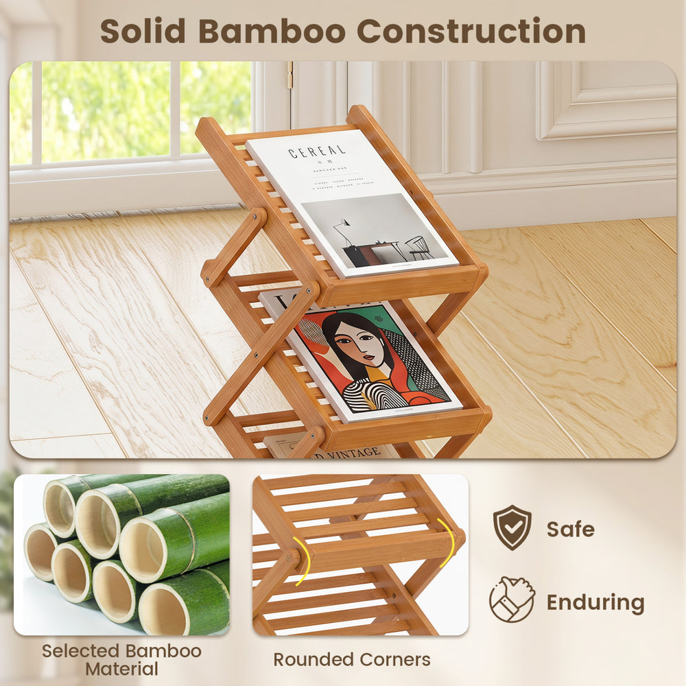 Foldable bamboo magazine rack with 5-tier inclined shelves and rounded corners for safe and enduring use.