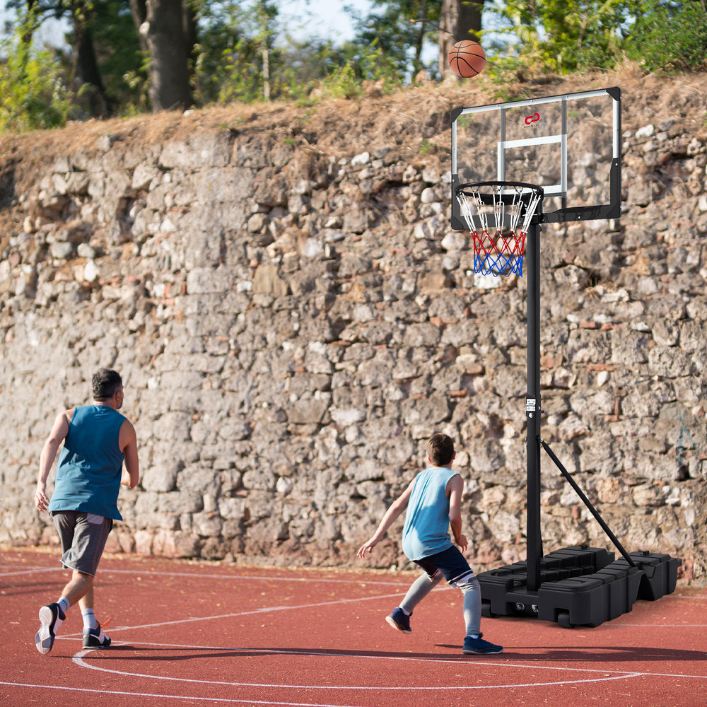 Foldable basketball hoop with adjustable height, featuring a shatterproof PC backboard and stable triangular base for.