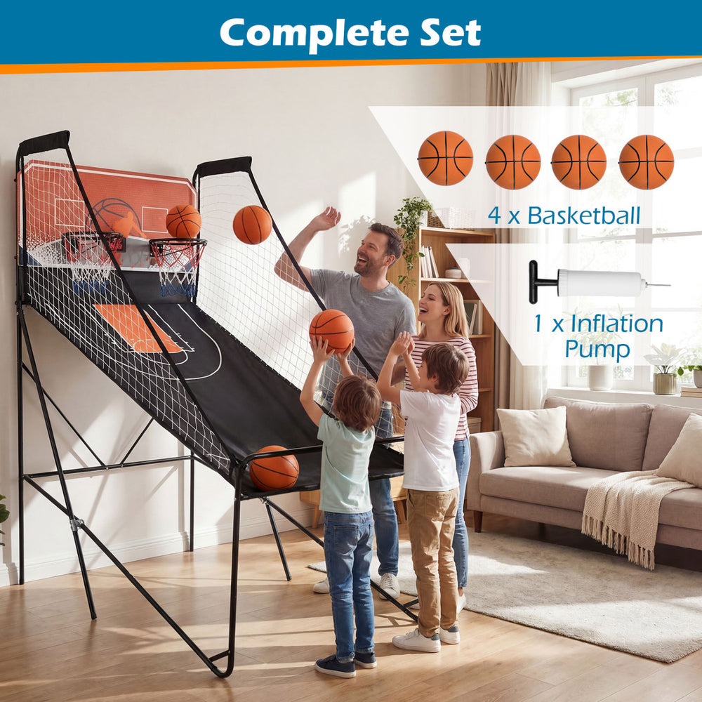 Foldable basketball arcade game set with 4 basketballs, electronic scoring, and sound effects for family fun.