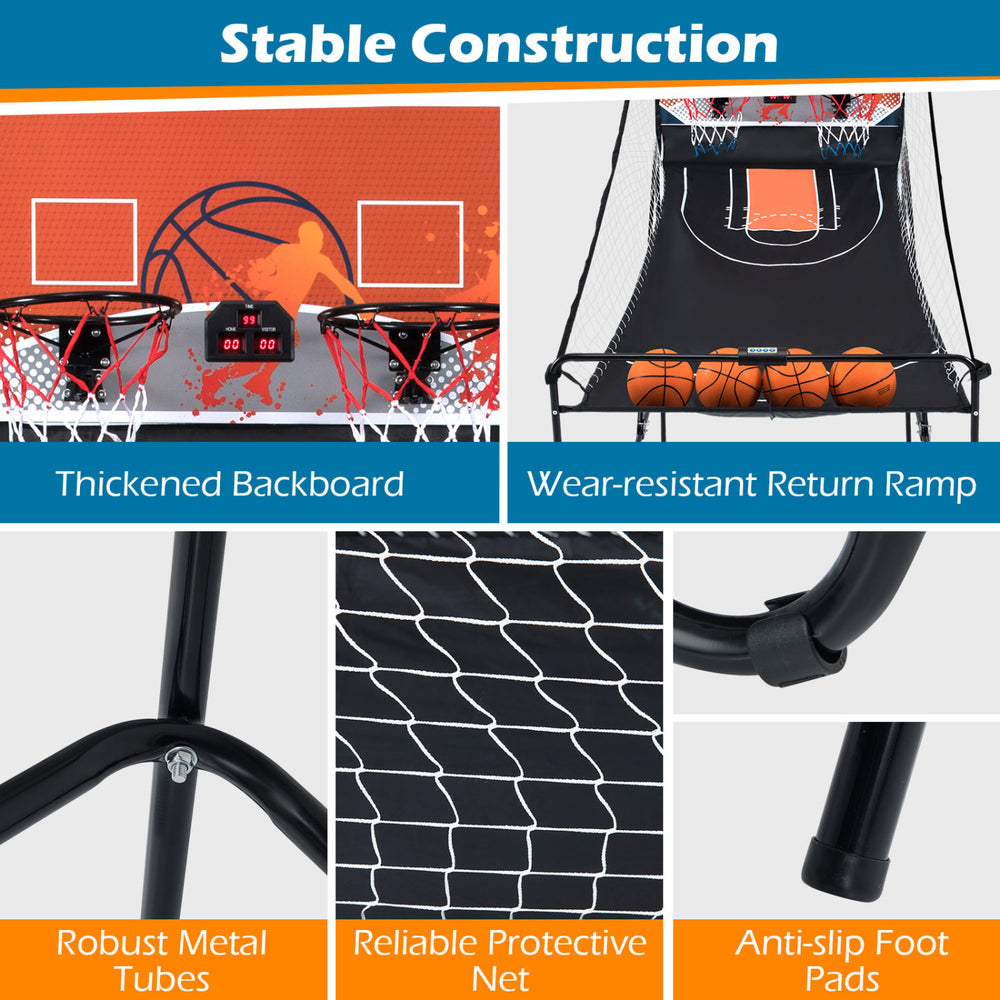 Foldable basketball arcade game featuring a thickened backboard, robust metal tubes, and anti-slip foot pads for.