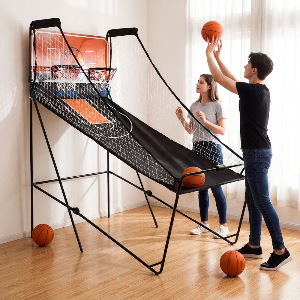 Foldable basketball arcade game with electronic scoring, featuring 8 game modes, ideal for kids aged 8 and up.