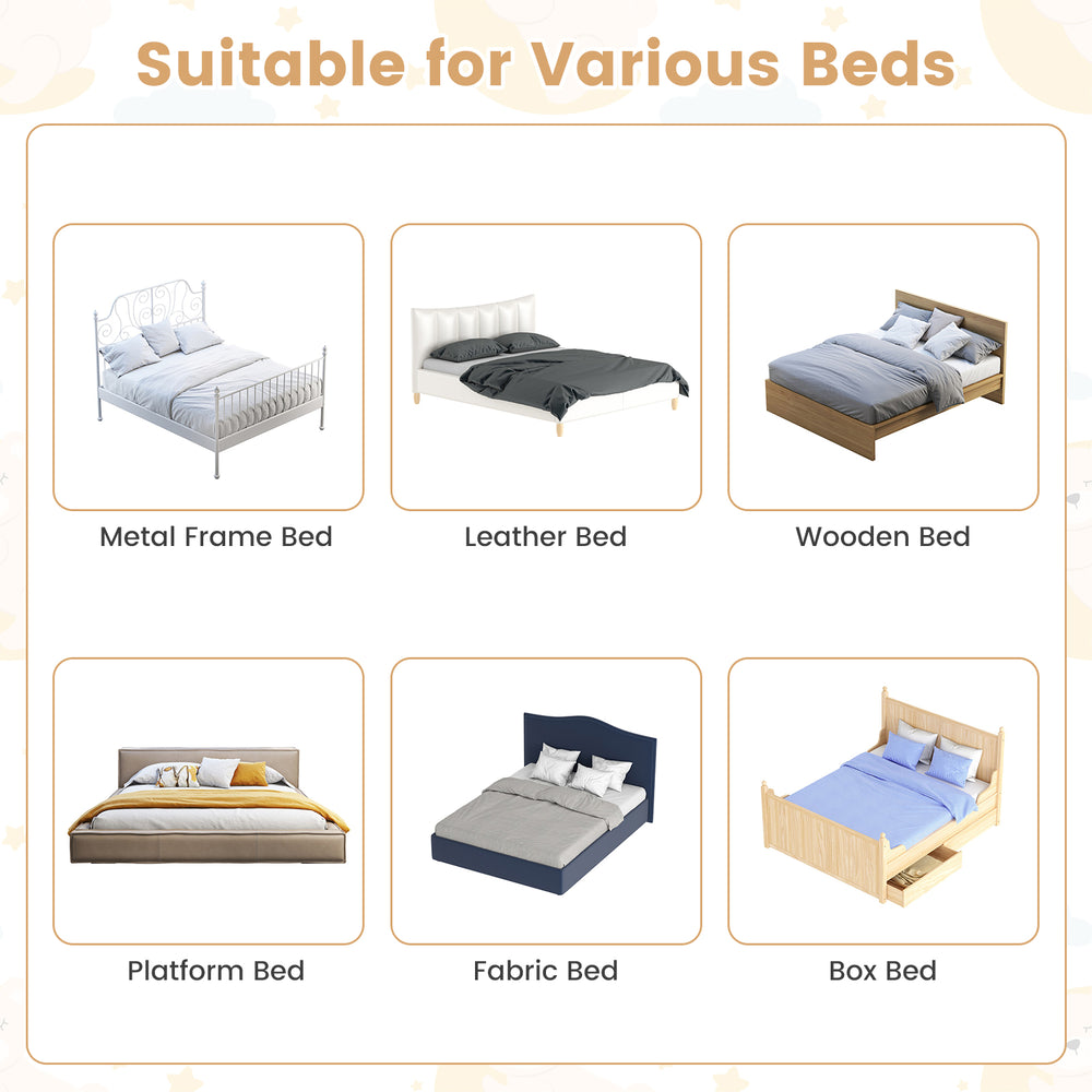 Foldable baby bed guard rail in white with adjustable safety strap, suitable for various bed types for toddler safety.