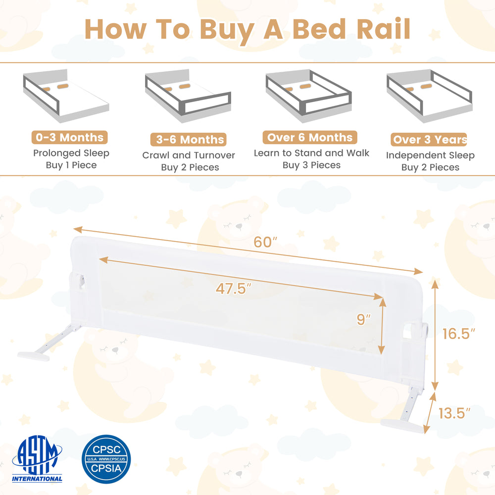 60-inch foldable bed rail in white with adjustable safety strap, designed for toddler safety and easy bed access.
